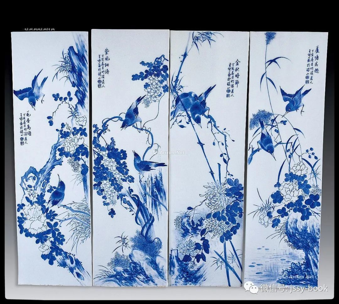 民国青花花鸟瓷板画四条屏_凤凰网