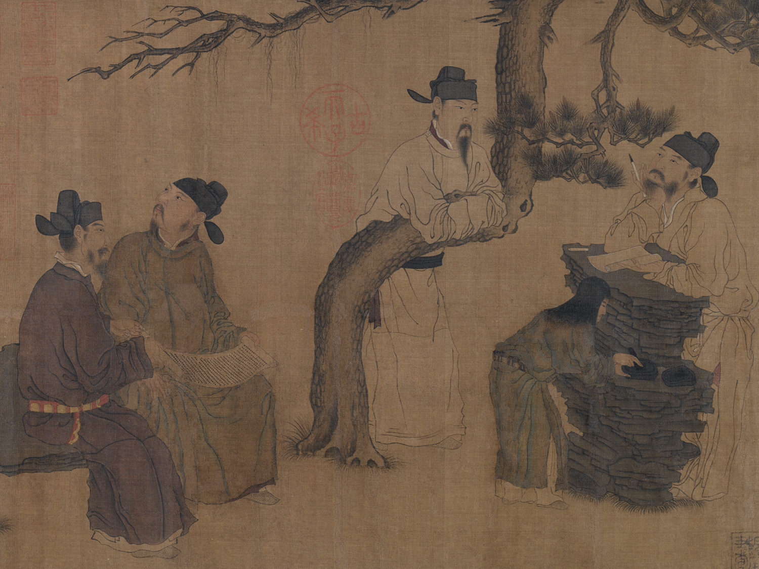 五代周文矩的《琉璃堂人物图卷 》(旧题 唐 韩滉 文苑图)