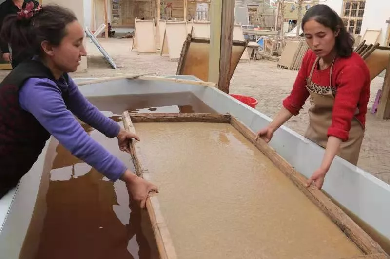 桑皮纸制作人员演示桑皮纸的"入模"工序.