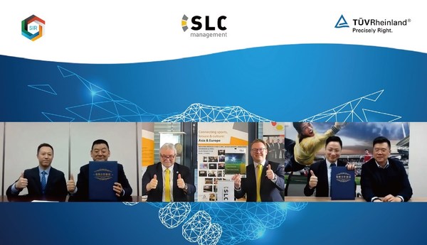 从左至右:华体创研咨询一部部长阚巍、总经理杨东旭,SLC管理咨询董事长马致中教授、执行董事马德亚, TUV莱茵大中华区管理体系服务高级经理吴克俭、副总经理张明