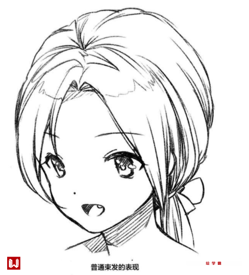 扎成束的马尾辫位于脑后,头发从前面的方向向脑后集中.