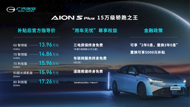 广汽埃安AION S Plus上市 售价13.96-17.26万元