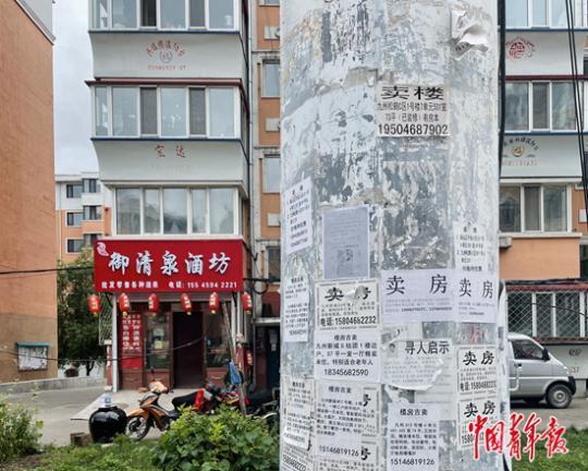 鹤岗的电线杆上张贴的卖房信息。