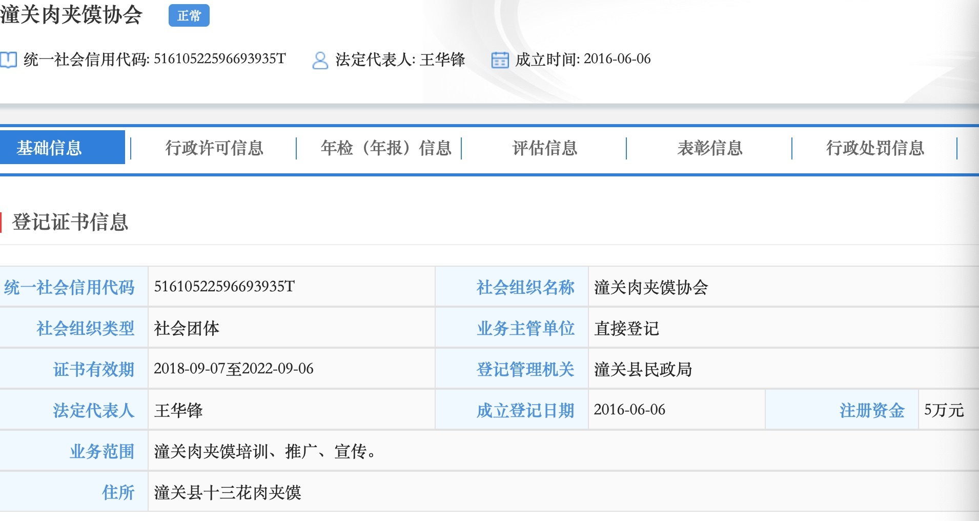 “潼关肉夹馍协会”法定代表人名为王华锋 来源：全国社会组织信用信息公示平台 