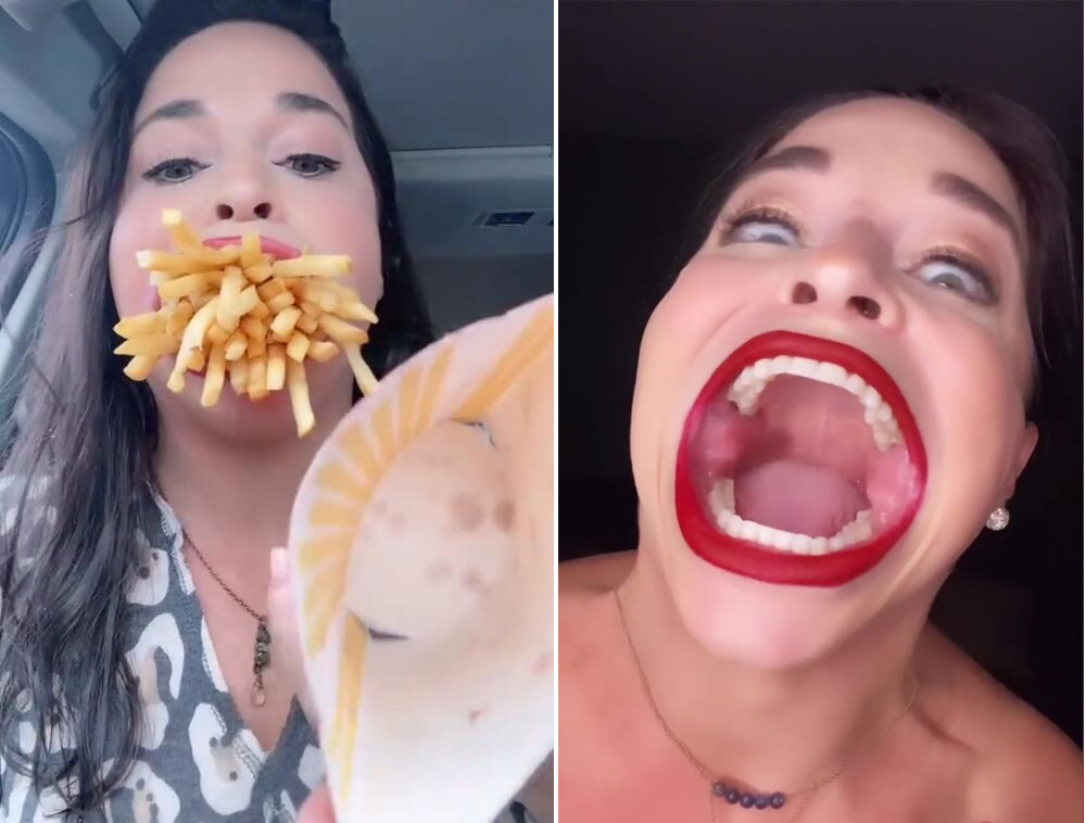 萨曼莎录制了一段自己吃薯条的视频,一口吃完一整包大薯条,让网友们