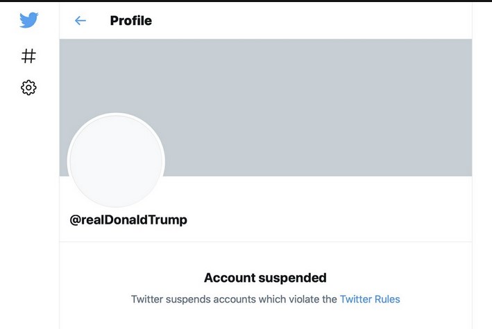 特朗普推特账号被停用后的页面截图。文字显示，该账号由于违反推特规则被停用。