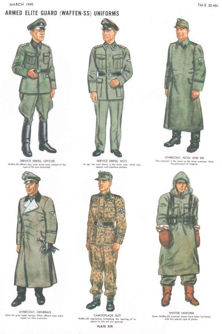 上圖為二戰德國陸軍制服,分為夏季制服,山地制服,冬季制服種類.