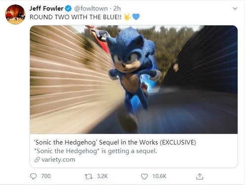 《刺猬索尼克》系列导演发推(图源来自网络)