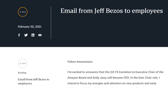贝佐斯将辞去亚马逊首席执行官！