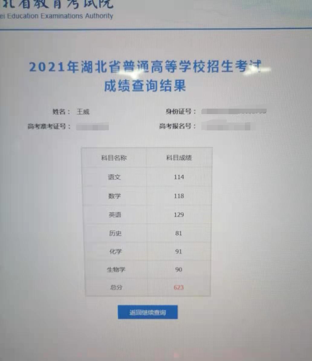 王威的高考成绩单受访者供图