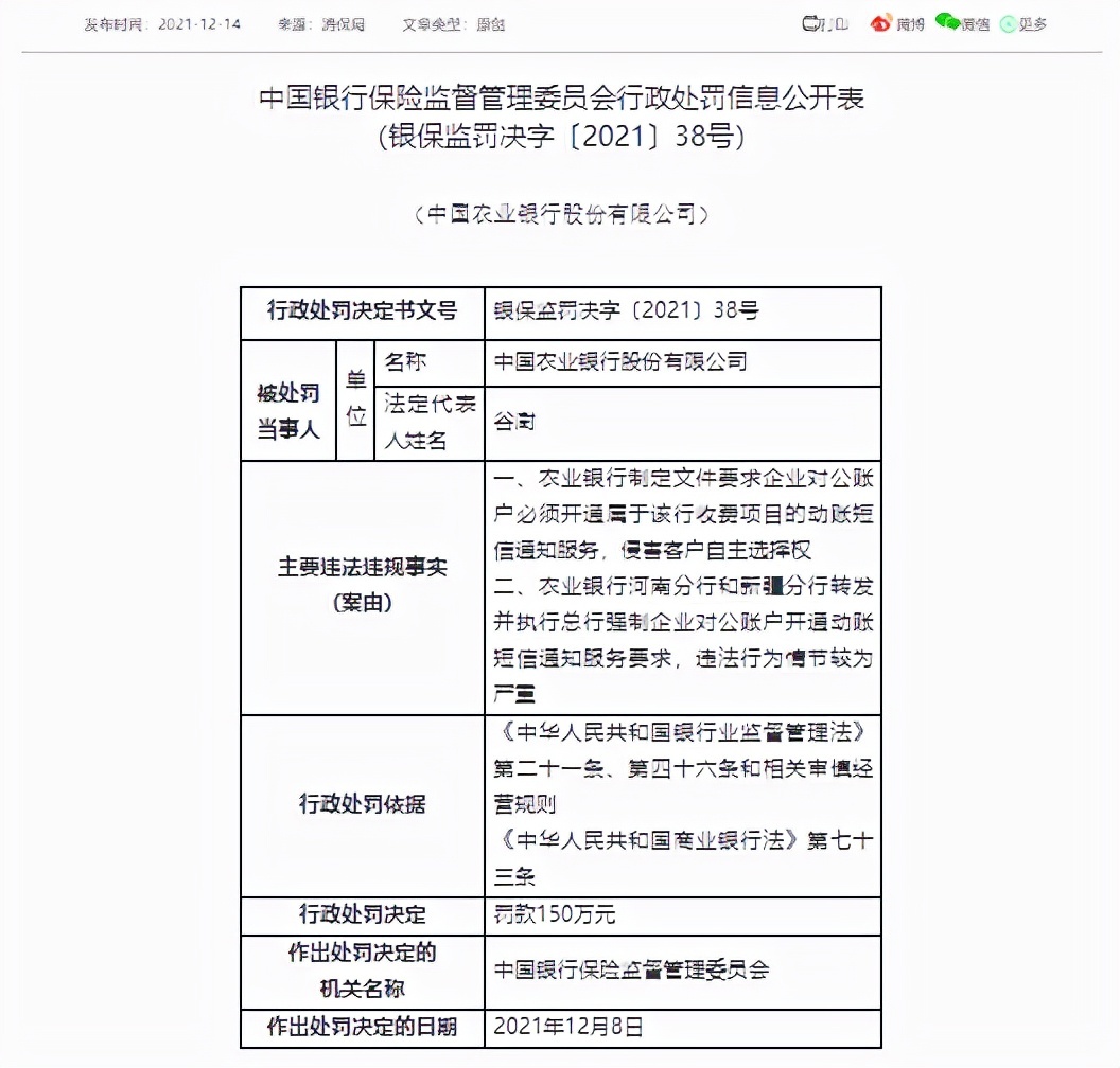 因侵害客戶自主選擇權農業銀行領百萬元罰單罰款金額150萬元