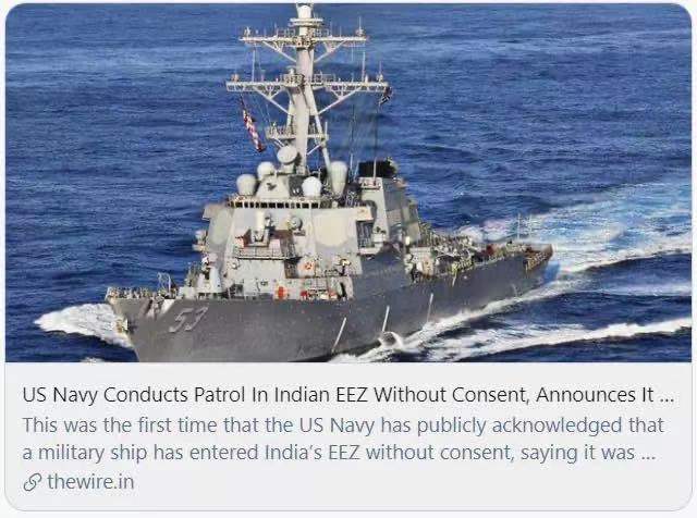 美国海军进入印度专属经济区，但未取得印方允许。/The Wire 报道截图