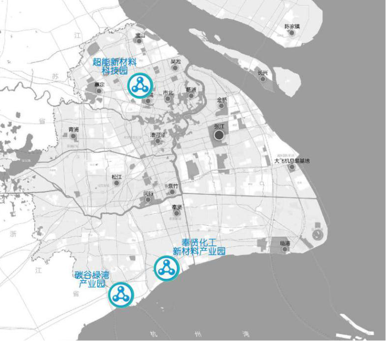 图7 上海三大新材料特色产业园区位关系图 资料来源:据公开资料绘制