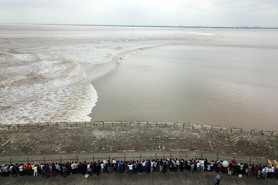 2018年9月26日,浙江嘉兴,当天是农历八月十七,海宁大缺口观潮点,千名游客在江堤上安全观潮。