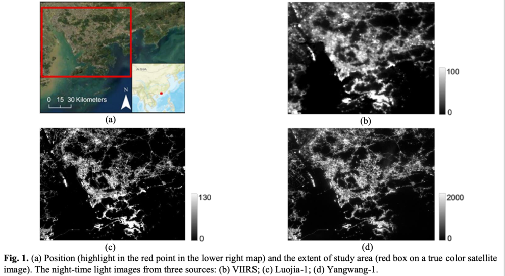 图片来自朱孝林教授团队的论文。这是来自三个卫星的粤港澳大湾区数据，b为美国卫星，c为中国珞珈一号，d为仰望一号。不过珞珈一号目前已停止工作。