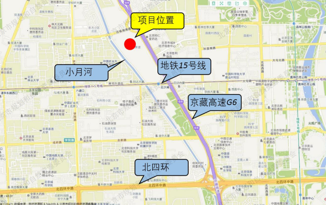在北四环外北五环内,北沙滩的北侧,小月河的东侧,京藏的西侧,区域的