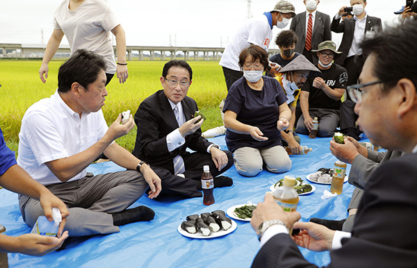 当地时间2020年9月10日，日本宫城县栗原，岸田文雄视察稻田并品尝饭团。