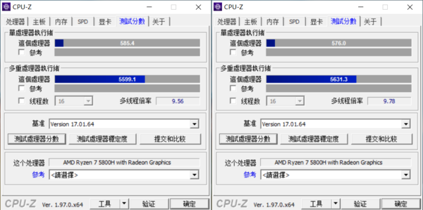 CPU-Z跑分成绩(左:均衡模式右:高能模式)