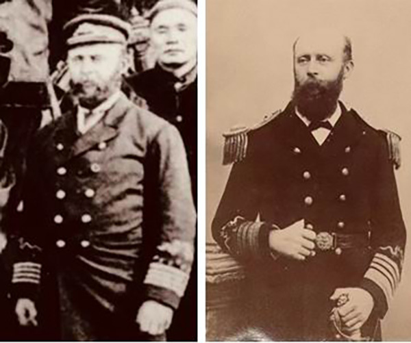 左为琅威理接舰时身穿海军上校军服;右为其返程时拍摄的身穿海军上将军服照