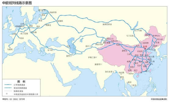 中国地图出版集团在2021年8月发布的中欧班列线路示意图，没有标注乌克兰首都基辅。