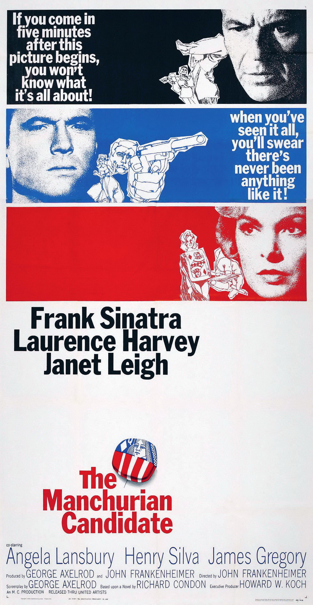 《谍网迷魂》 (1962)这些方块的颜色参考了美国国旗。海报顶部包含黑色,表明美国生活中存在着邪恶。演员的表情和附图增添了不安感。