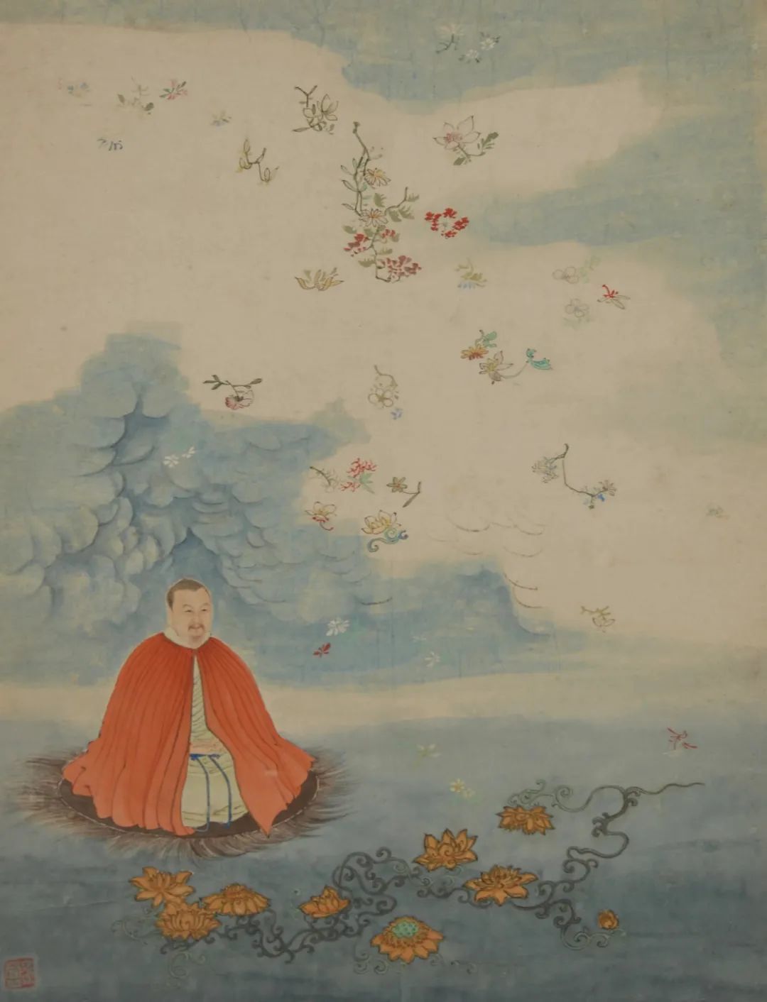 乔莱花雨坐禅图 禹之鼎 纸本设色   37.5cm&times;29.5cm 明代 南京博物院藏