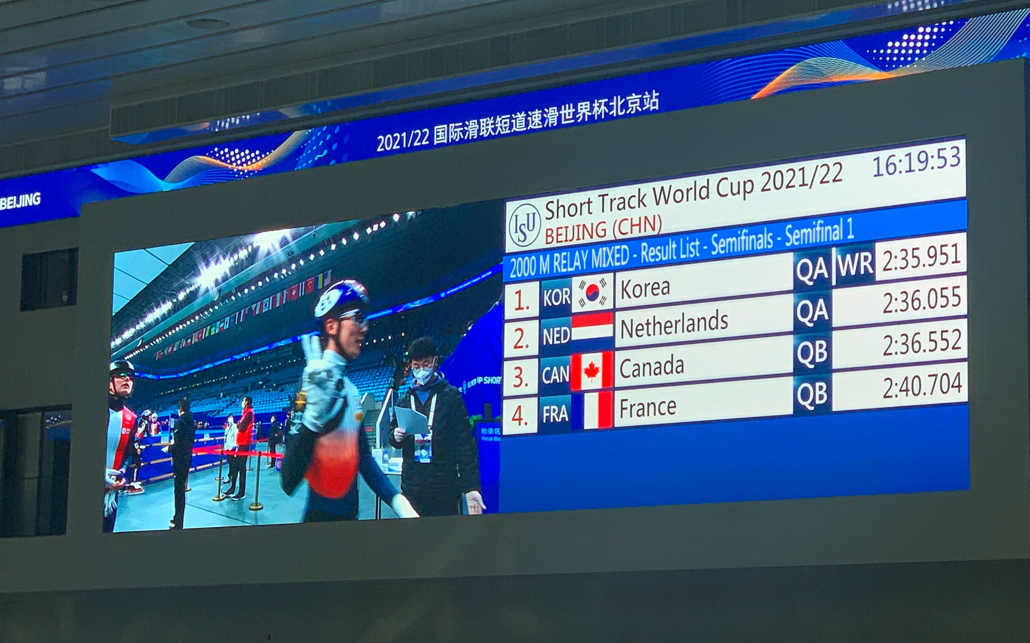 今天下午进行的男女混合2000米接力半决赛，韩国队滑出2分35秒951，再度刷新世界纪录。新京报记者 孙海光 摄