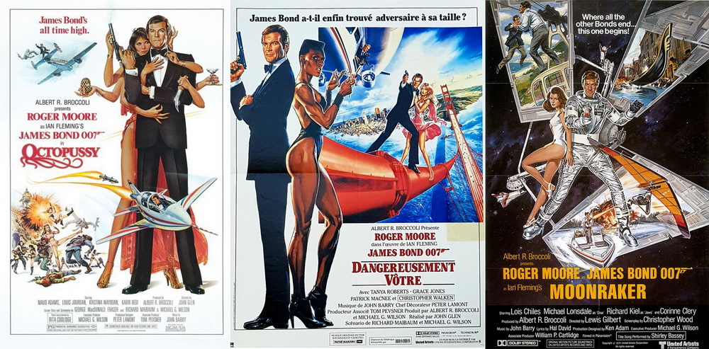 罗杰·摩尔在上世纪70年代末到80年代初出演的几部邦德电影的海报合集