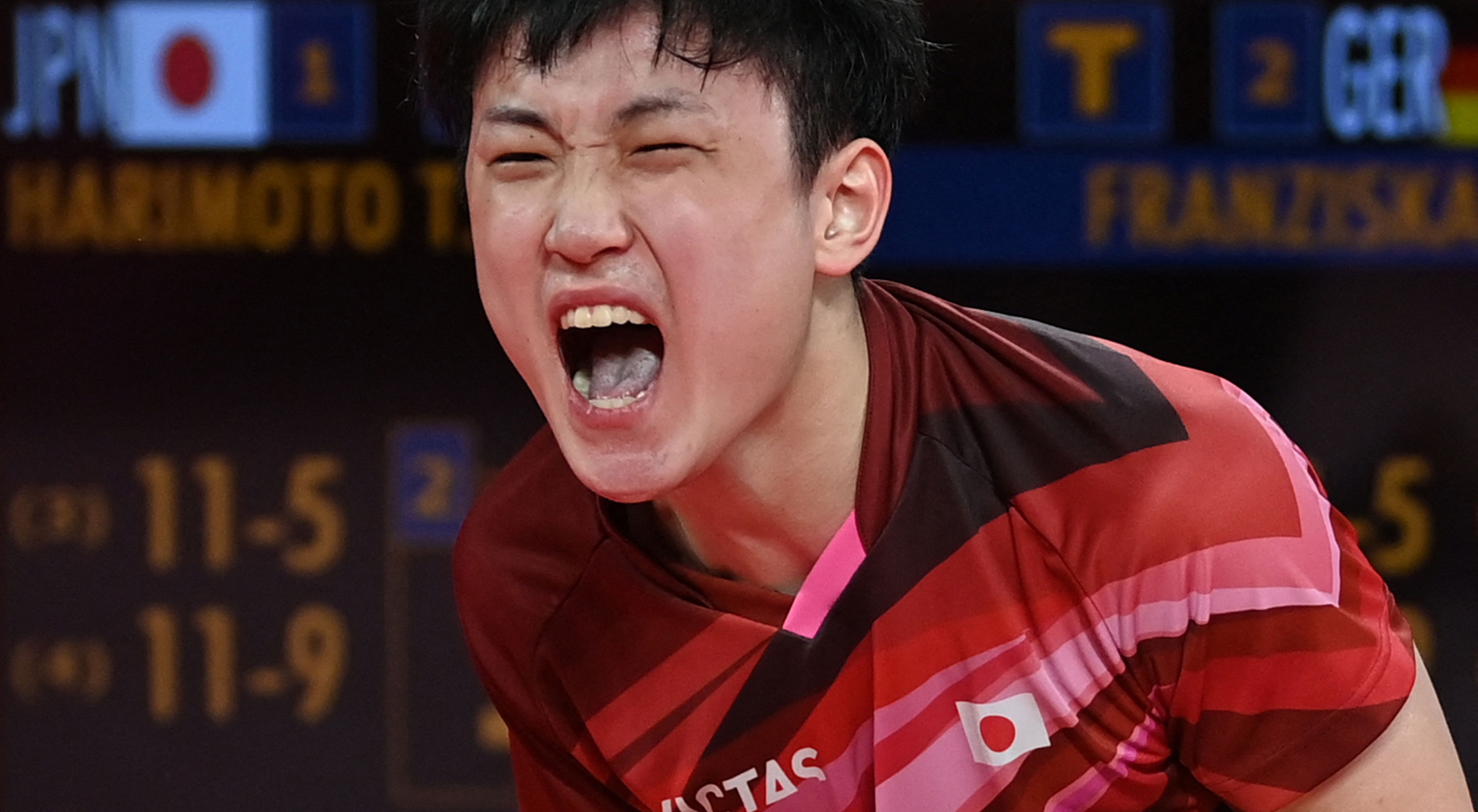 张本智和在比赛中怒吼