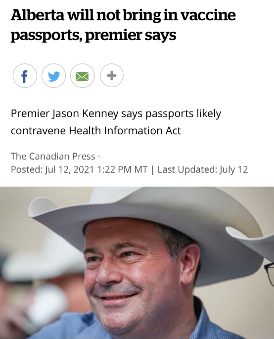 阿尔伯塔省长杰森·肯尼 (jason kenney) 表示: 不会在疫苗护照方面