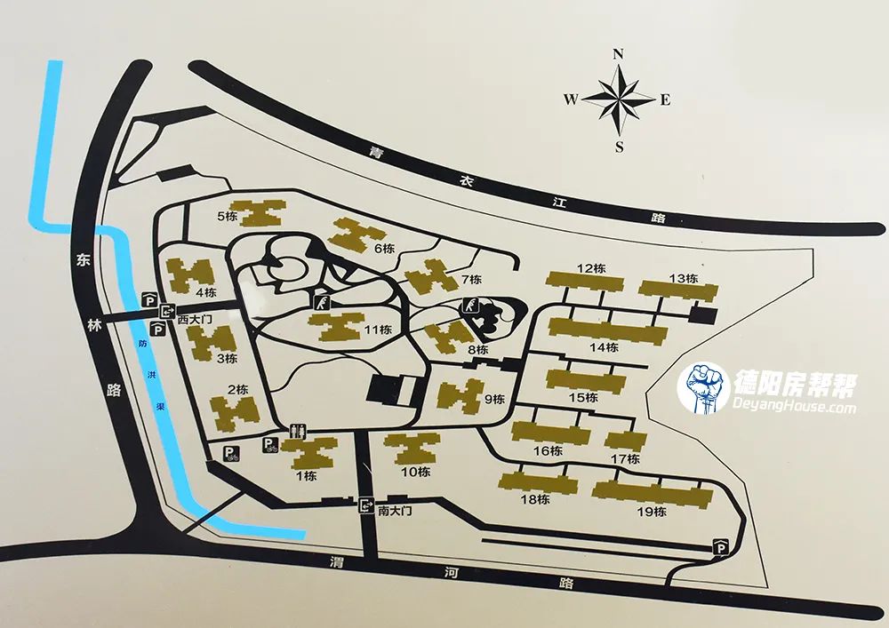 西大门入户处有一张小区总平图,方便来客或者外卖人员知道具体位置.