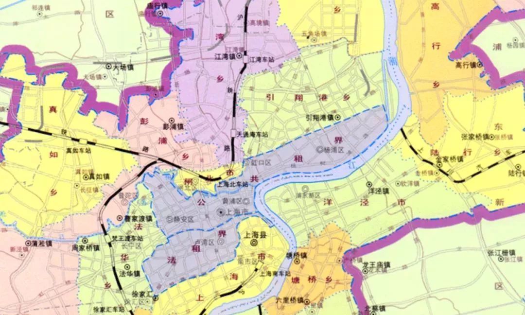 1926年上海政区图中标注的引翔港乡及租界位置 《上海历史地图集》周振鹤主编