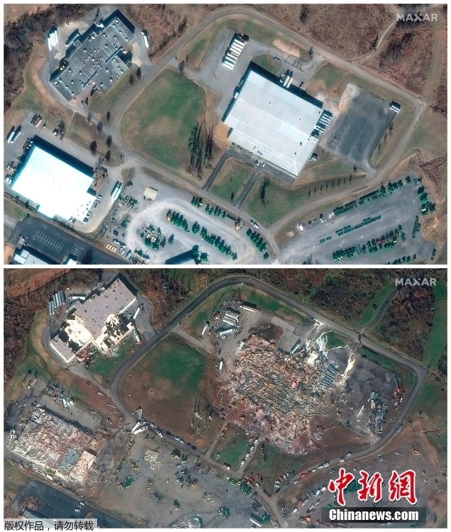 图为美国肯塔基州Mayfield一蜡烛厂及周边遭遇龙卷风前后卫星对比图,上图为2017年1月28日所拍,下图为2021年12月11日所拍。