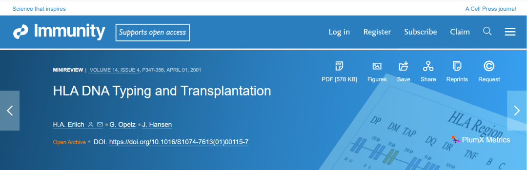 《HLA DNA分型和移植》，收录于《免疫》，2001年4月1日。