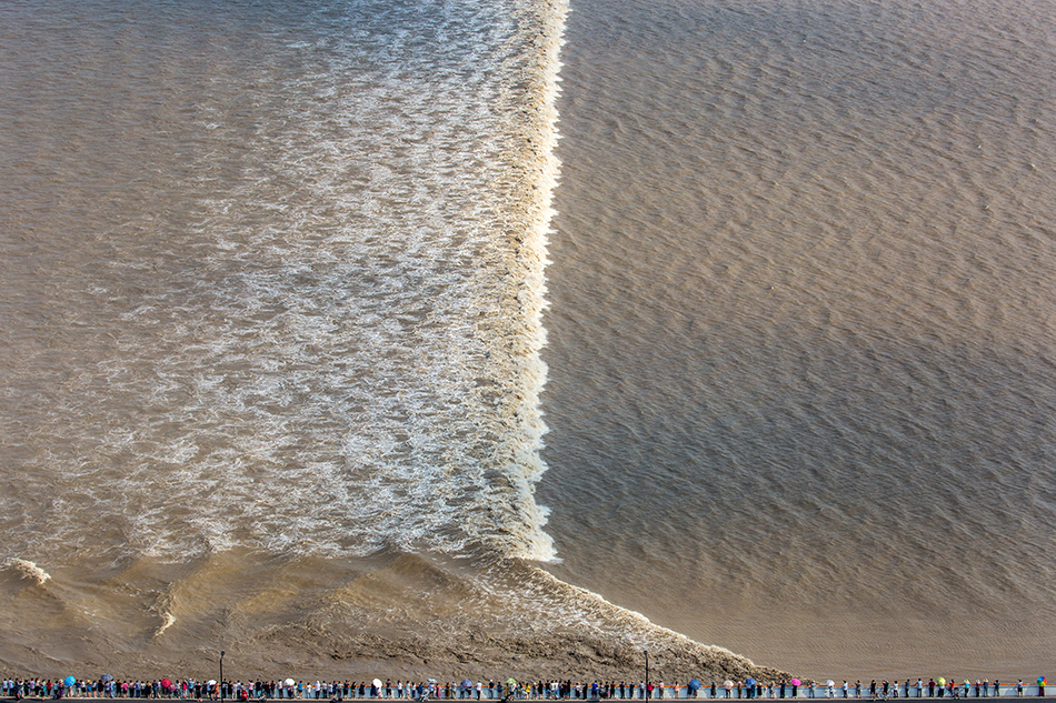 2019年9月16日14:21,杭州钱塘新区下沙大桥附近,市民和游客在江堤边观赏农历八月十八的钱塘江大潮。