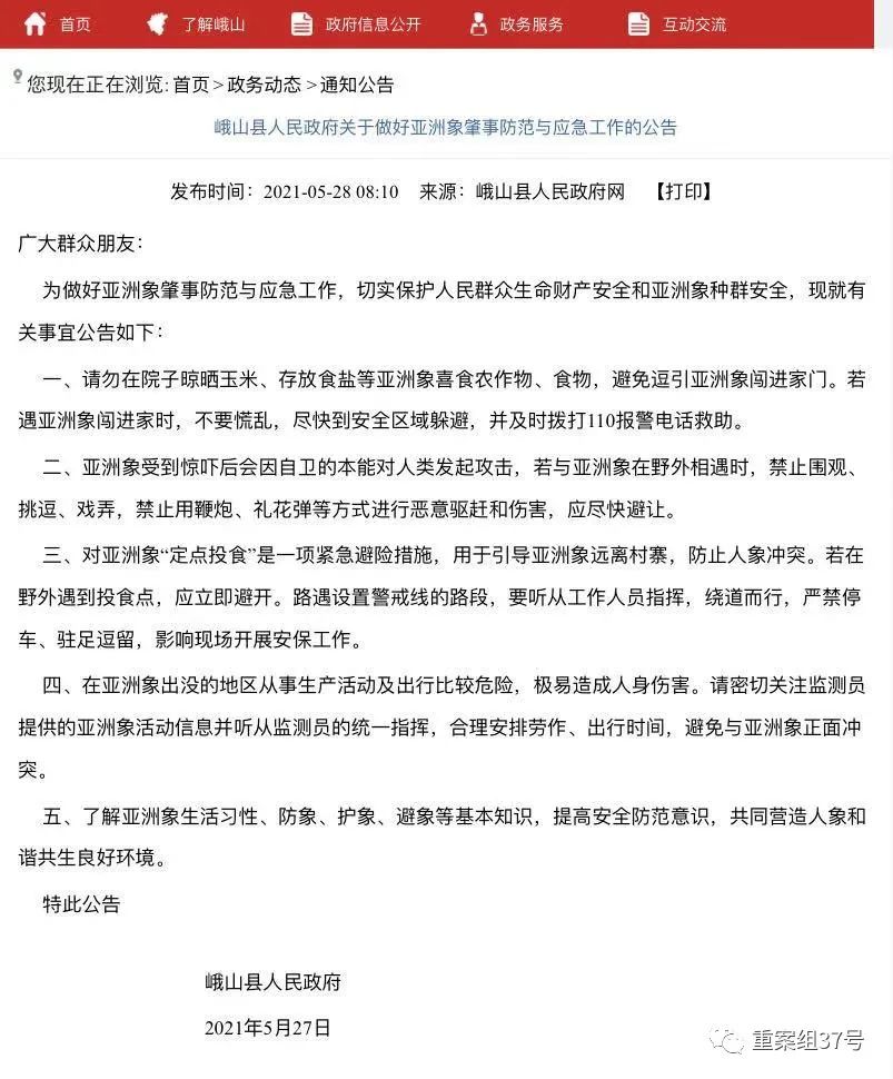 ▲峨山县人民政府关于做好亚洲象肇事防范与应急工作的公告。图源峨山县人民政府官网