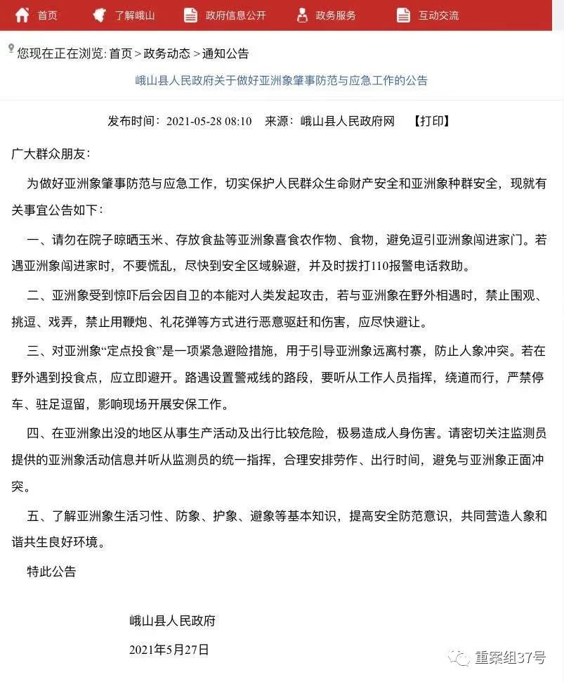 ▲峨山县人民政府关于做好亚洲象肇事防范与应急工作的公告。图源峨山县人民政府官网