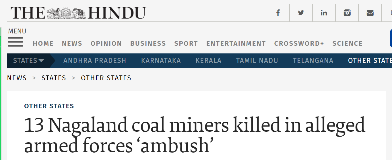 《印度教徒报》：13名那加兰邦煤矿工人据称在安全部队的“伏击”中丧生