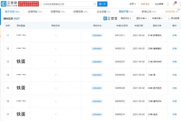 小米申请铁蛋商标 目前商标状态为商标申请中