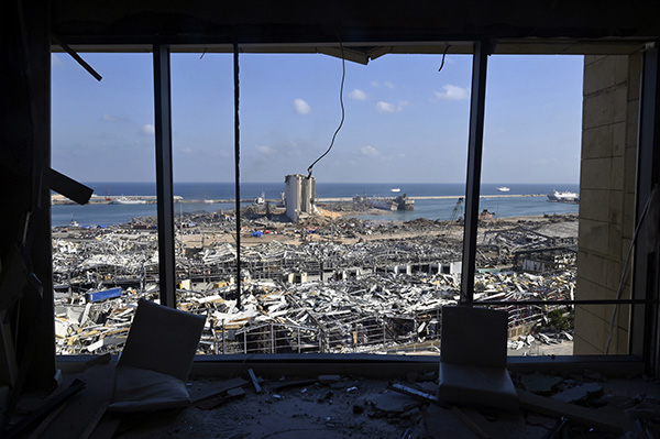 当地时间2020年8月4日，黎巴嫩贝鲁特，贝鲁特港口地区发生爆炸，建筑物被毁。  澎湃影像 资料图