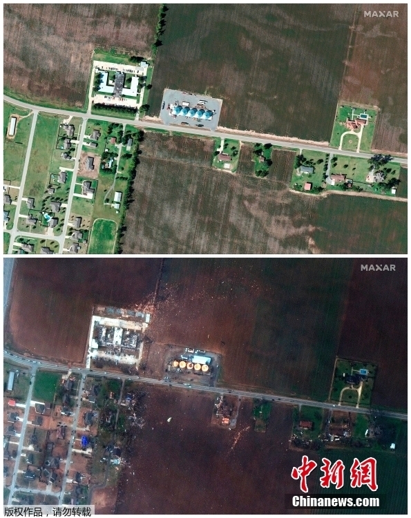 图为美国阿肯色州Monette一疗养院及周边遭遇龙卷风前后卫星对比图,上图为2021年2月22日所拍,下图为2021年12月11日所拍。