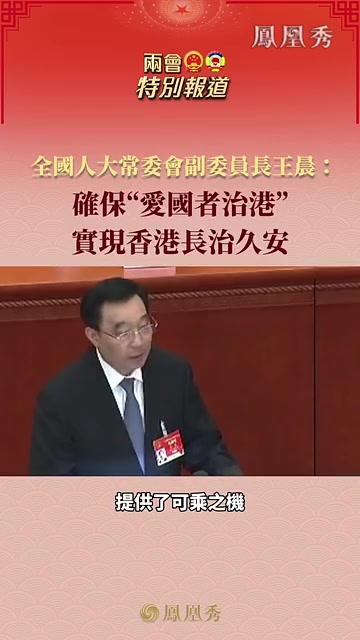 全国人大常委会副委员长王晨：确保“爱国者治港”,实现香港长治久安