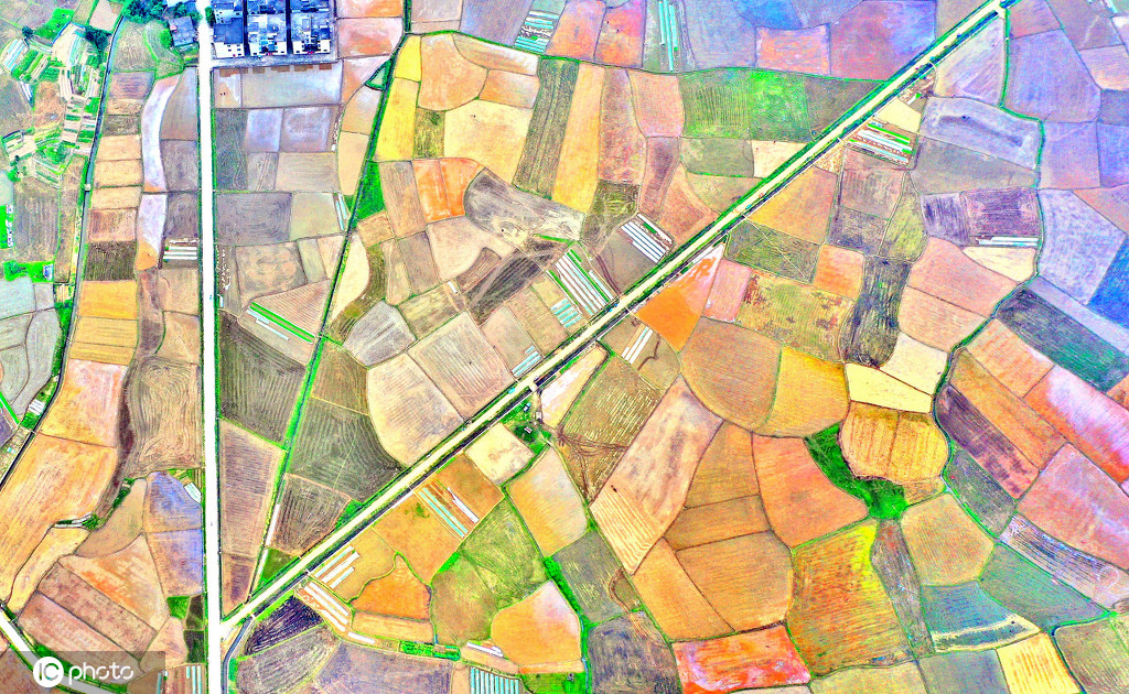 在江西省吉安市永丰县佐龙乡罗富村,从空中俯瞰春耕田园,色彩斑斓,风景如画。仲春时节,江西省吉安市永丰县风和日丽,当地农民抢抓晴朗天气投入水稻春耕春种生产。翻耕整理后的稻田色块交错似织锦,在春阳的映照下呈现大地韵律之美。