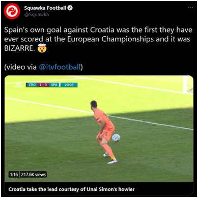 西班牙淘汰克罗地亚 “惊人失误”造欧洲杯历史最远“乌龙球”