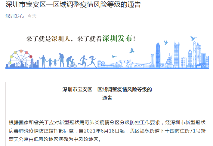 全文如下: 深圳市寶安區一區域調整疫情風險等級的通告 根據國家和省