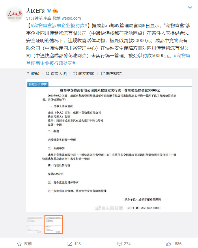 “宠物盲盒”涉事企业中通快递被罚”