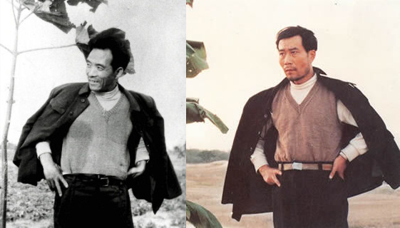 焦裕禄本人照片;李雪健扮演的焦裕禄