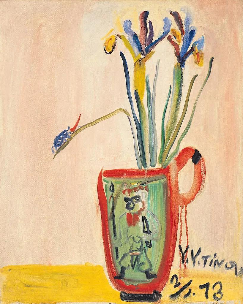 丁衍庸《武剧花瓶中的鸢尾花》,油彩,画布,1973,51x40.5cm