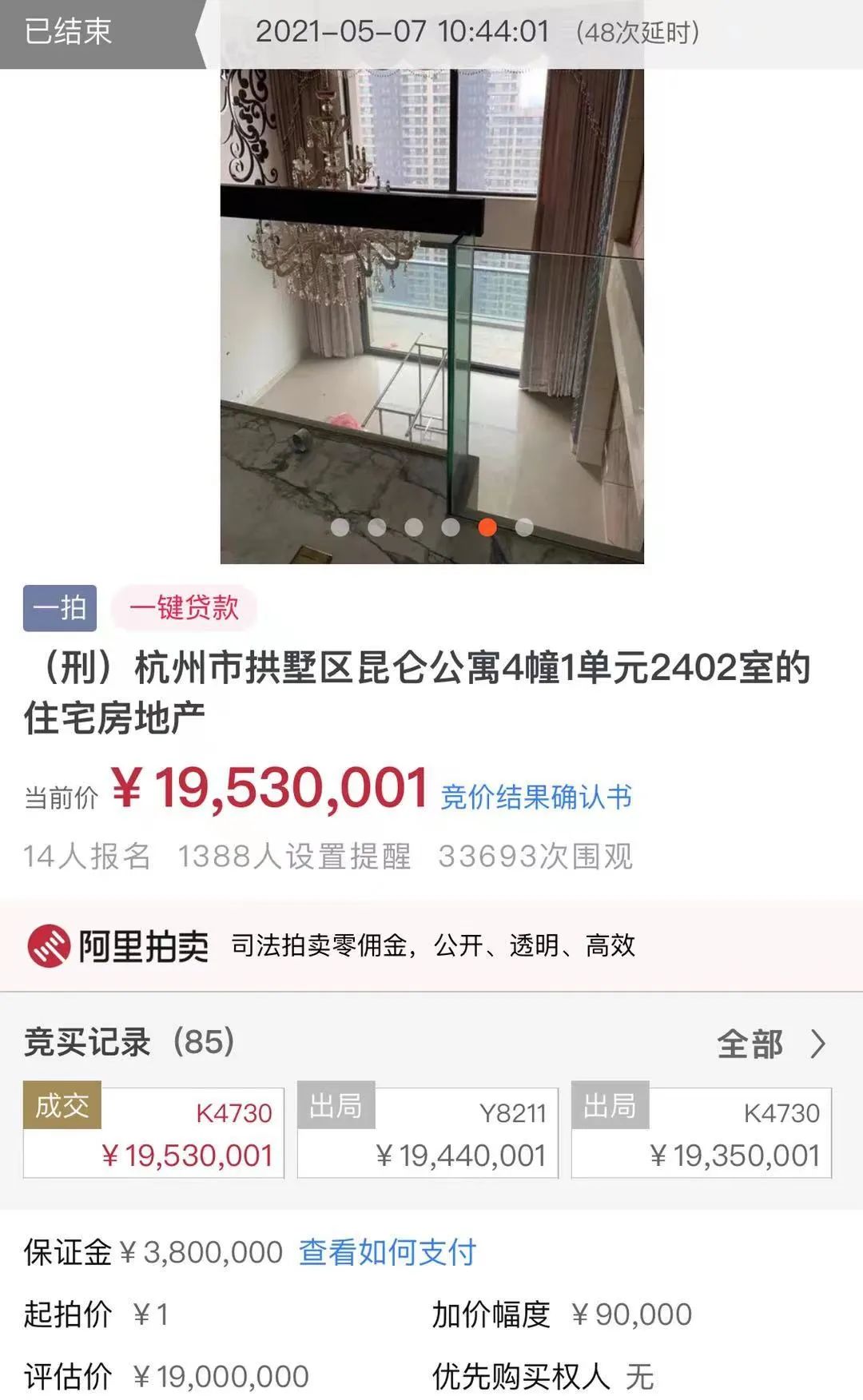 杭州一1元起拍豪宅最终已1953万成交！