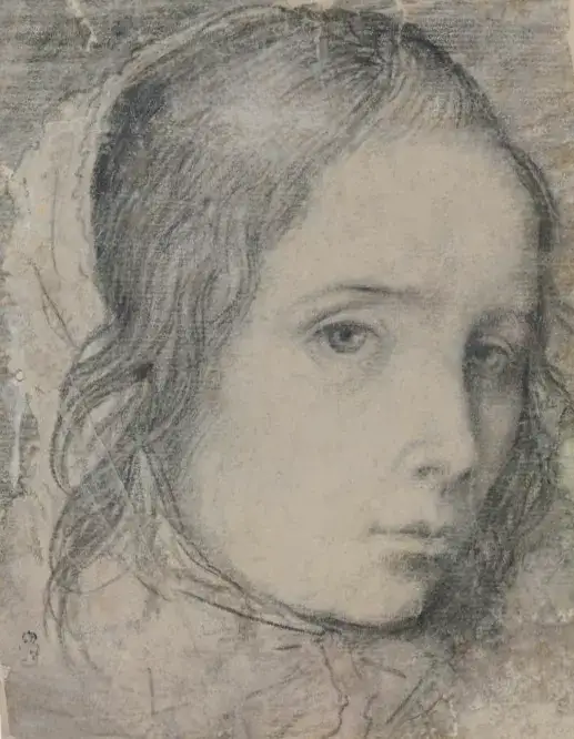 《年轻女子头像 约1618年 米色直纹纸本黑页岩素描 20厘米×13厘米